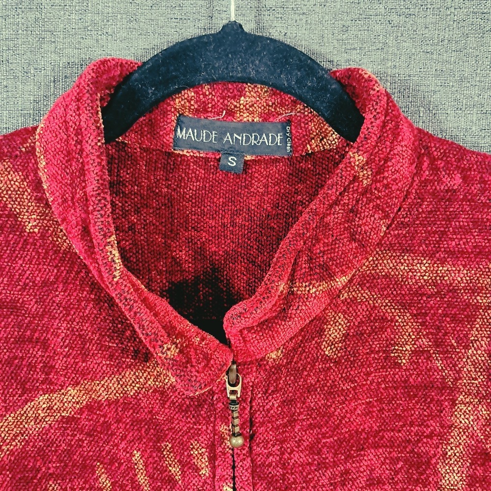 Maude Andrade Handwoven Chenille Jacket Full Zip Red Small Oversize Art USA VTG - Picture 8 of 10